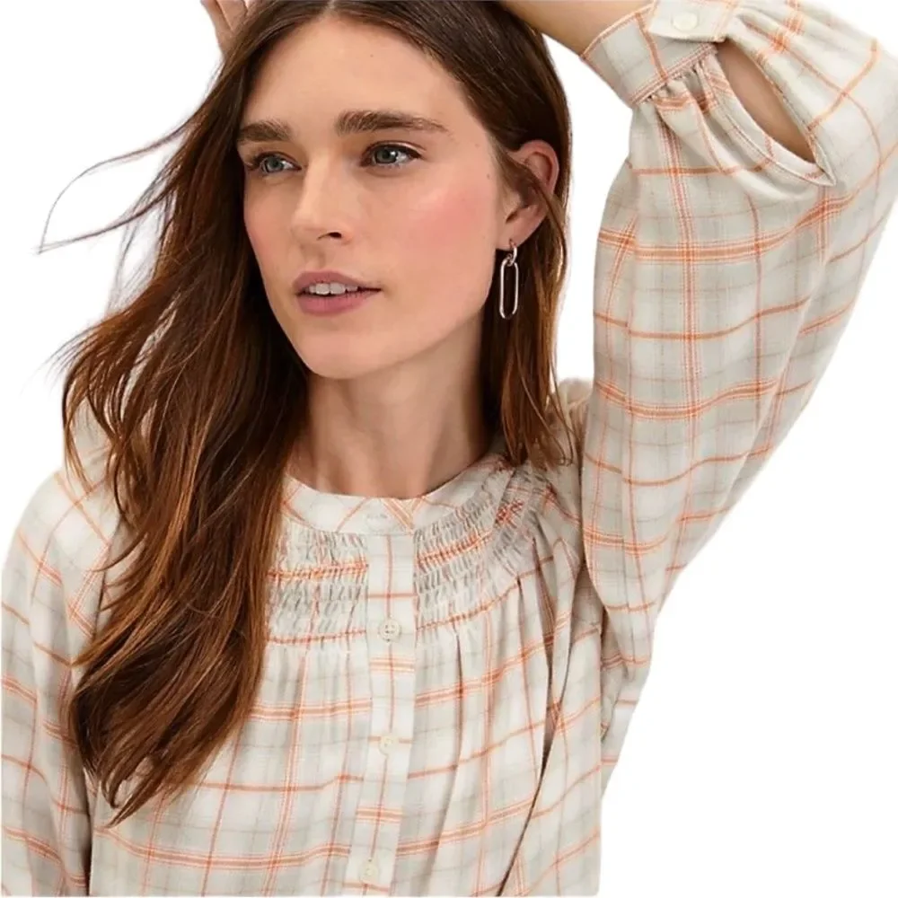 LOFT Plaid Smocked Henley Top Blouse Cream Gray Orange Women's, Size M